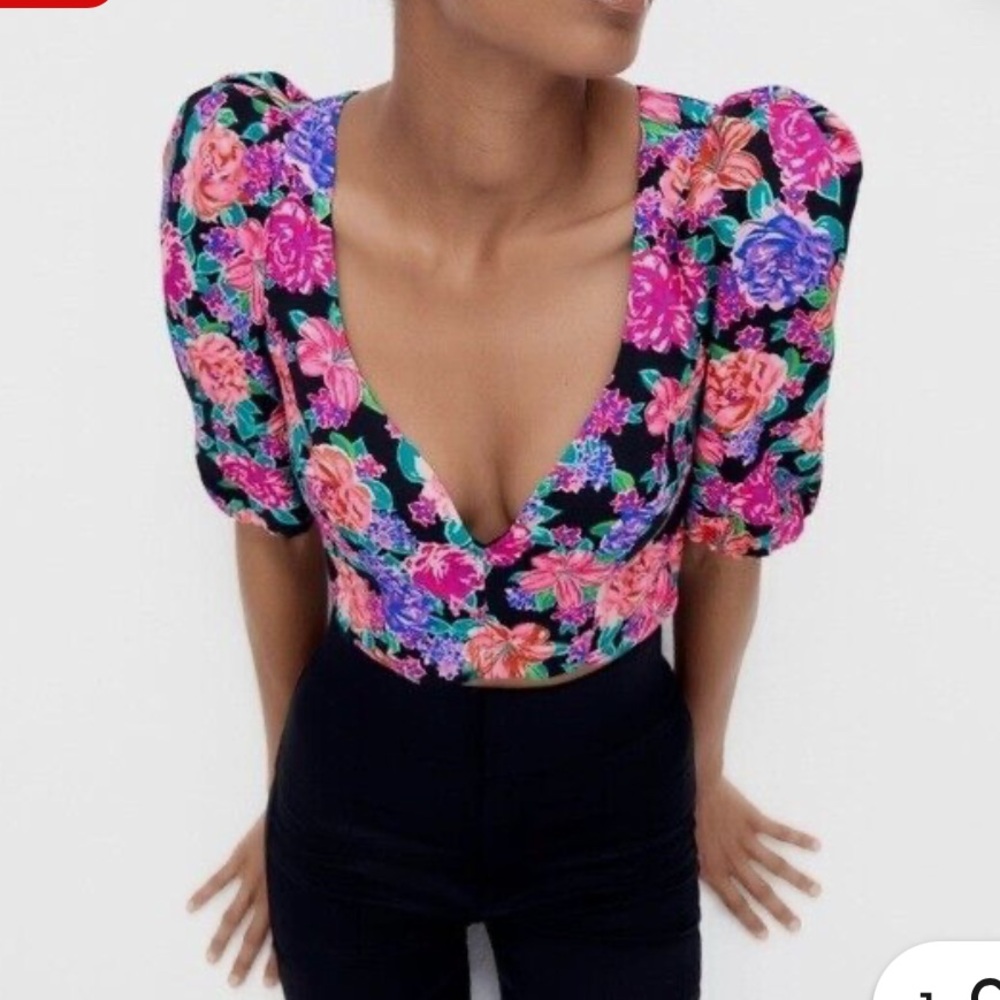 Zara Floral Puff Sleeve Crop Top Blouse - Picture 14 of 14